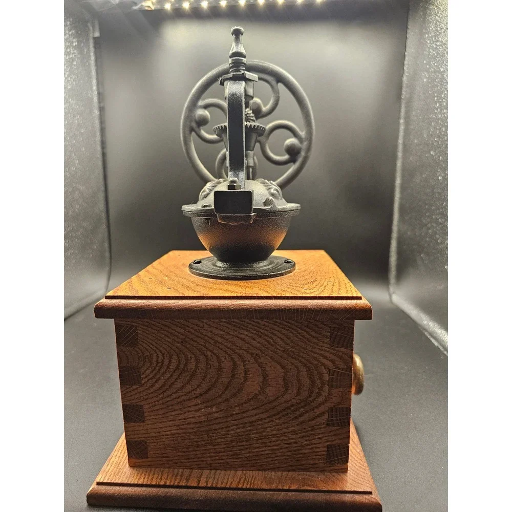 Vintage Manual Coffee Grinder Cast Iron Wheel Oak Wood Base Farmhouse Decor XX